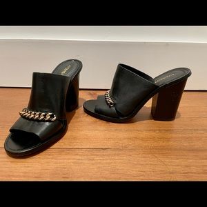 90’s Coach black block open toe heel with gold chain detail